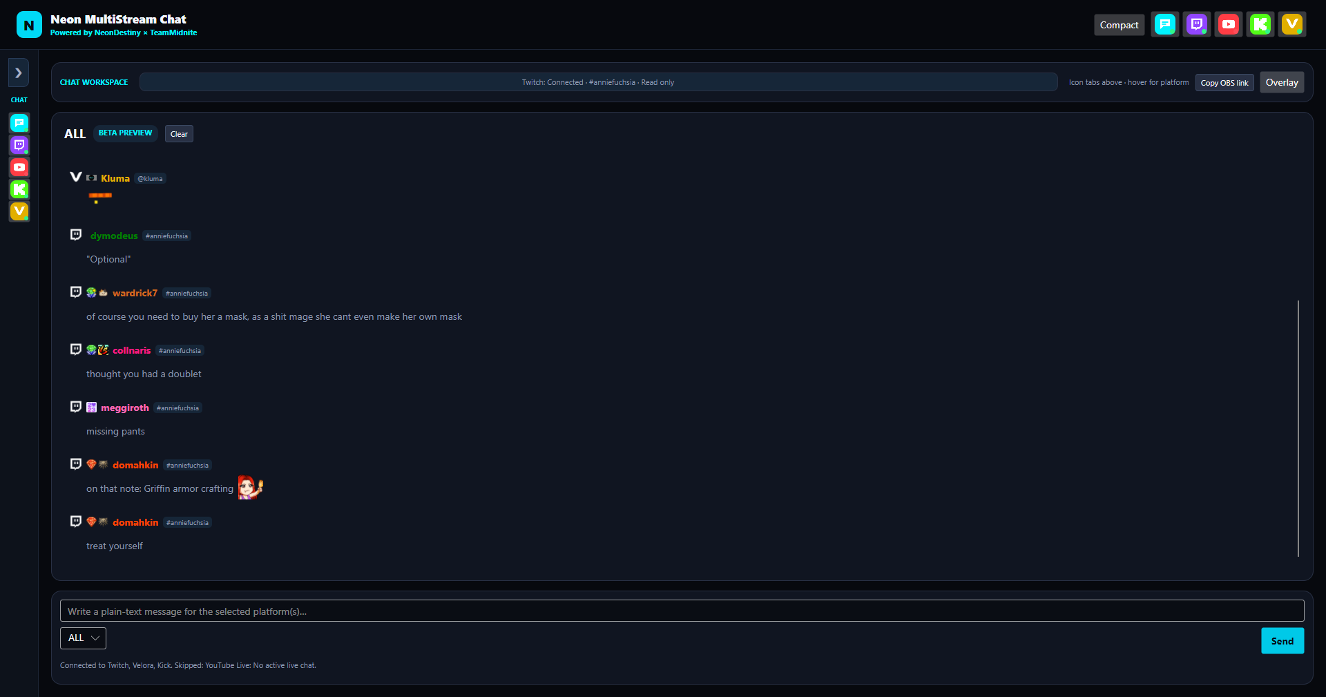 Neon MultiStream Avalonia beta showing the unified chat workspace