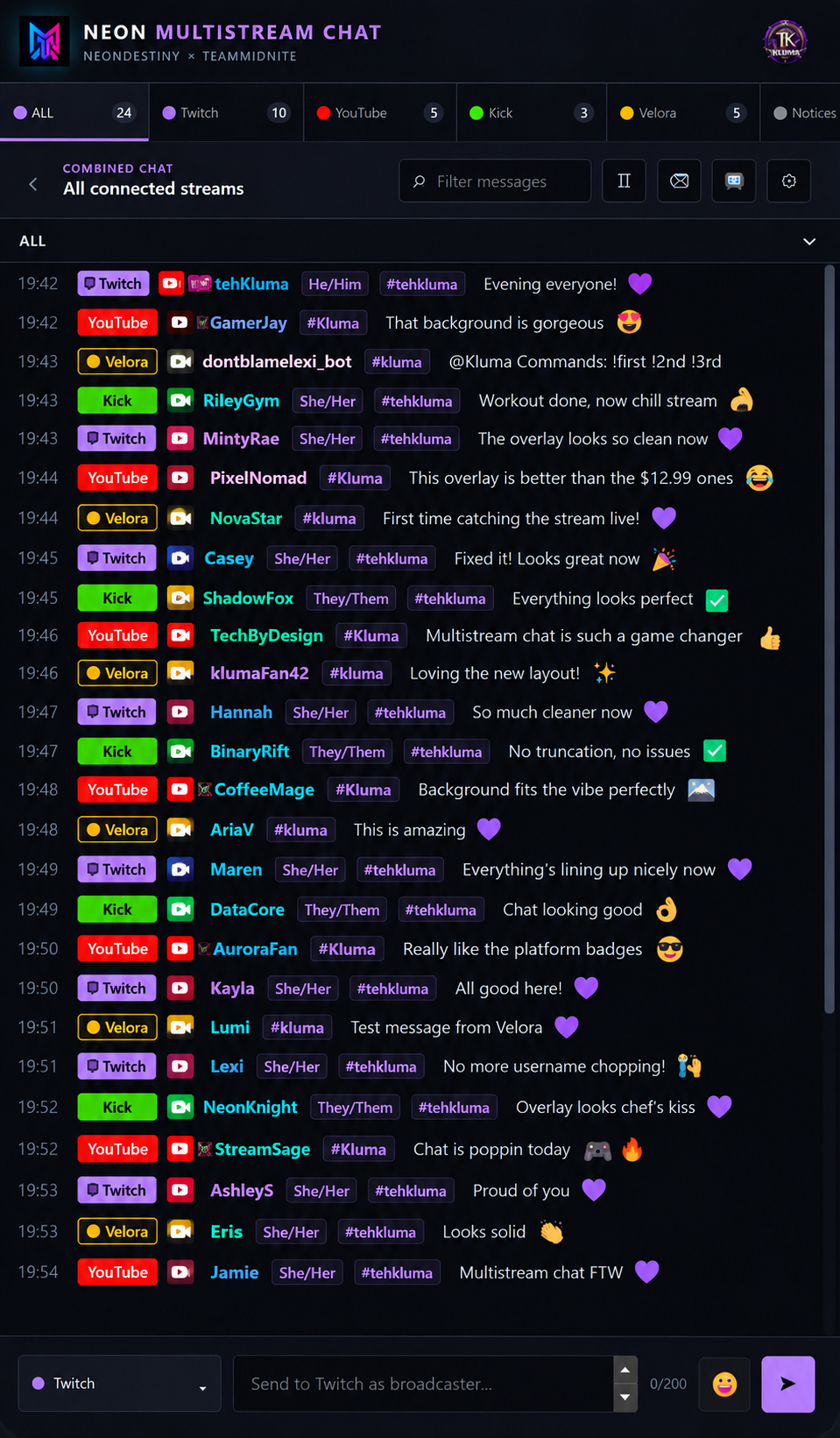 Simulated Neon MultiStream Chat window showing messages from Twitch, YouTube, Kick, and Velora